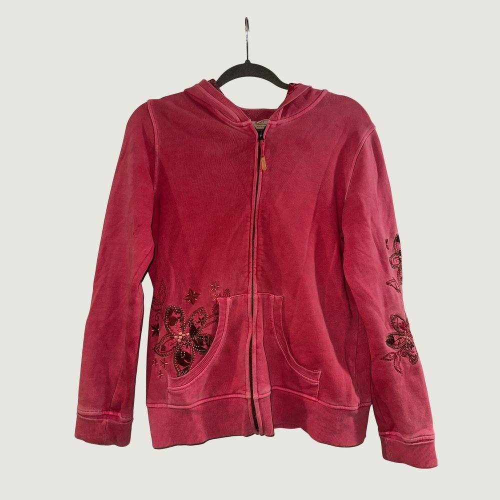 Ascend Pink Organic Cotton Floral Embroidered Zip Up Hoodie Sweatshirt Y2K Style